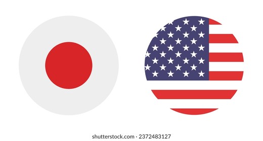 Flags of the United States and Japan. Button flag icon. Standard color. Circle icon flag. Computer illustration. Digital illustration. Vector illustration.