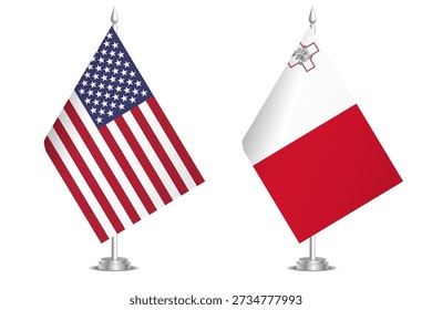 Flaggen der Vereinigten Staaten und Maltas. Das Konzept der Partnerschaft und der gemeinsamen Aktion. Symbol der Partnerschaft, der Zusammenarbeit, der internationalen Zusammenarbeit, der friedlichen Verhandlungen, der Allianz, der bilateralen Kommunikation