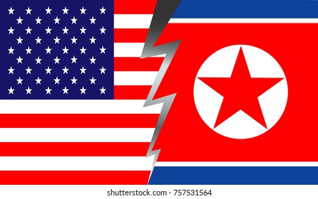 Flags of the United States and North Korea divided by lightning. Vector image. Confrontation between countries. Political tension. 