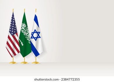 Flags of United States, Saudi Arabia and Israel stand in row on indoor flagpole.  Vector illustration.