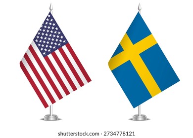 Flags of United States and Sweden. The concept of partnership and joint action. Symbol of partnership, cooperation, international collaboration, peaceful negotiations, alliance, bilateral