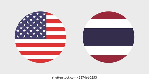 Banderas de Estados Unidos y Tailandia. Icono de indicador de botón. Color estándar. Indicador de icono de círculo. Ilustración del equipo. Ilustración digital. Ilustración vectorial.