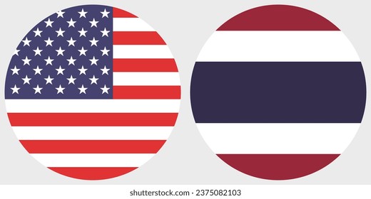Flags of the United States and Thailand. Button flag icon. Standard color. Circle icon flag. Computer illustration. Digital illustration. Vector illustration.