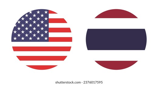 Flags of the United States and Thailand. Button flag icon. Standard color. Circle icon flag. Computer illustration. Digital illustration. Vector illustration.