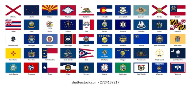 Banderas de Estados Unidos. Banderas de todos los estados americanos sobre fondo blanco. Vector 