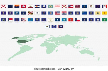 Bandeiras dos Estados Unidos, Conjunto de Bandeiras Postais. Bandeiras do Estado dos Estados Unidos com o Mapa do Mundo. Ilustração de vetor.