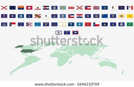 Flags of the US States, Postage Flag Set. US State Flags with World Map. Vetor illustration.