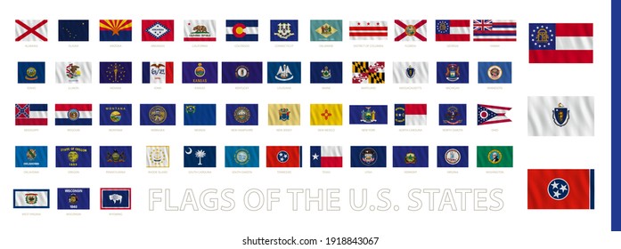 Flags of the US states with waving effect, official proportion. Vector flag collection.