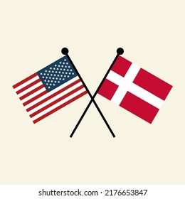 Flags of USA America and Denmark with crossed position. Two national flag icons for symbol of agreement, cooperation, bilateral, opposition, competition, negotiation, alliance, and politics.