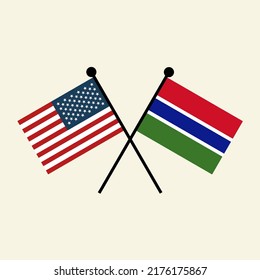 Flags of USA America and Gambia with crossed position. Two national flag icons for symbol of agreement, cooperation, bilateral, opposition, competition, negotiation, alliance, and politics.