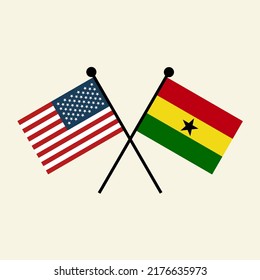 Flags of USA America and Ghana with crossed position. Two national flag icons for symbol of agreement, cooperation, bilateral, opposition, competition, negotiation, alliance, and politics.