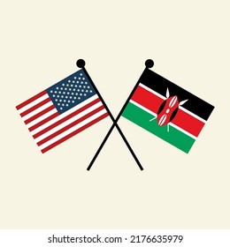 Flags of USA America and Kenya with crossed position. Two national flag icons for symbol of agreement, cooperation, bilateral, opposition, competition, negotiation, alliance, and politics.