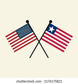 Flags of USA America and Liberia with crossed position. Two national flag icons for symbol of agreement, cooperation, bilateral, opposition, competition, negotiation, alliance, and politics.