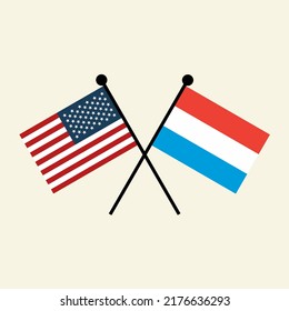 Flags of USA America and Luxembourg with crossed position. Two national flag icons for symbol of agreement, cooperation, bilateral, opposition, competition, negotiation, alliance, and politics.