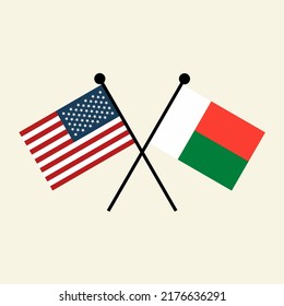 Flags of USA America and Madagascar with crossed position. Two national flag icons for symbol of agreement, cooperation, bilateral, opposition, competition, negotiation, alliance, and politics.