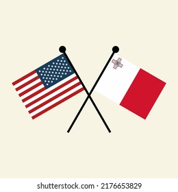 Flags of USA America and Malta with crossed position. Two national flag icons for symbol of agreement, cooperation, bilateral, opposition, competition, negotiation, alliance, and politics.