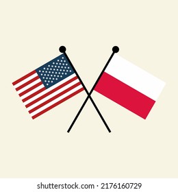 Flags of USA America and Poland with crossed position. Two national flag icons for symbol of agreement, cooperation, bilateral, opposition, competition, negotiation, alliance, and politics.