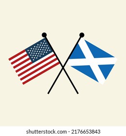 Flags of USA America and Scotland with crossed position. Two national flag icons for symbol of agreement, cooperation, bilateral, opposition, competition, negotiation, alliance, and politics.