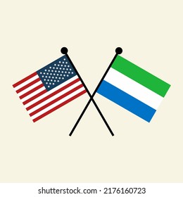 Flags of USA America and Sierra Leone with crossed position. Two national flag icons for symbol of agreement, cooperation, bilateral, opposition, competition, negotiation, alliance, and politics.