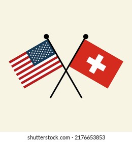 Banderas de Estados Unidos y Suiza con posición cruzada. Dos íconos de la bandera nacional para símbolo de acuerdo, cooperación, bilateral, oposición, competencia, negociación, alianza y política.