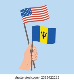 Flags of the USA and Barbados, Hand Holding flags