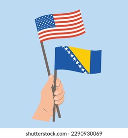Flags of USA and Bosnia and Herzegovina, Hand Holding flags