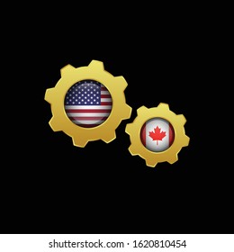 Flags of the USA and Canada on golden meshing gears.Two gold cogwheel gear with USA and Canada flags.