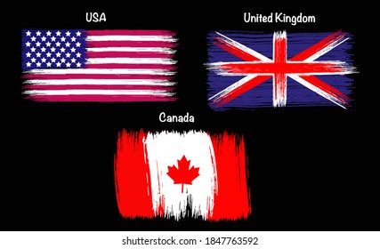 Flags of the USA, Canada, United Kingdom. Brush strokes painted flags, grunge flags, isolated on black background, vector illustration.