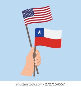 Flags of the USA and Chile, Hand Holding flags