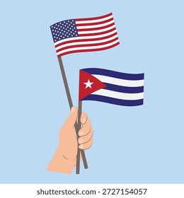 Flags of the USA and Cuba, Hand Holding flags