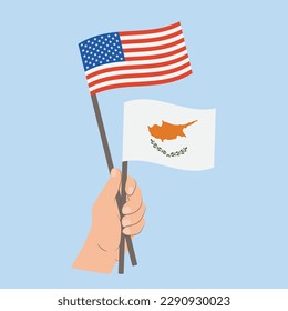 Banderas de Estados Unidos y Chipre, banderas de mano con banderas