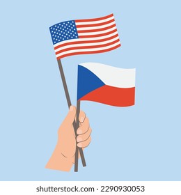 Flags of USA and Czech Republic, Hand Holding flags