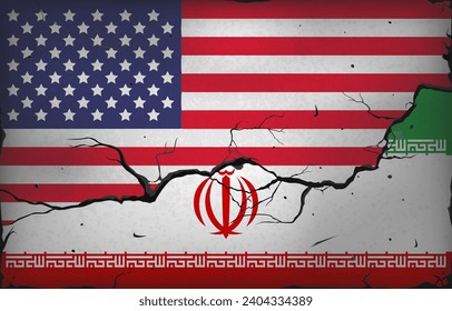 Flags of the USA and Iran against the background of a wall with cracks. Crisis and war. Political dialogue. Attack on Israel. Conflict with Palestine