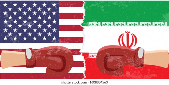 Flags of USA and Iran painted on two clenched fists facing each other. Tensed relationship between USA and Iran concept