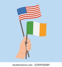 Flags of USA and Ireland, Hand Holding flags