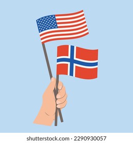 Flags of USA and Norway, Hand Holding flags