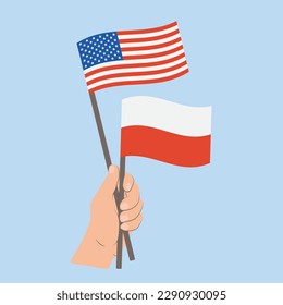 Banderas de EE.UU. y Polonia, banderas de mano con banderas