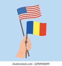 Flags of USA and Romania, Hand Holding flags