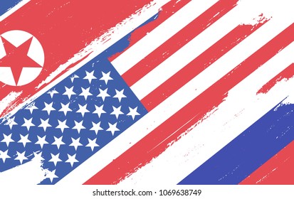 Flags of USA, Russia and North Korea isolated on white background. Vector illustration
