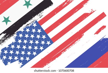 Flags of USA, Russia and Syria isolated on white background. Vector illustration
