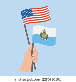 Flags of USA and San Marino, Hand Holding flags