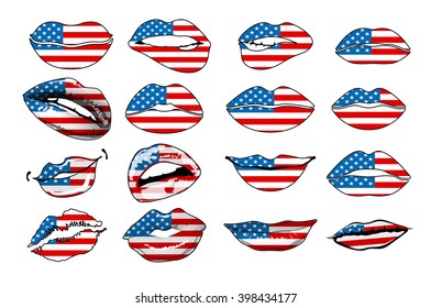 Flags of the USA in sensuality lips set women vector. america art