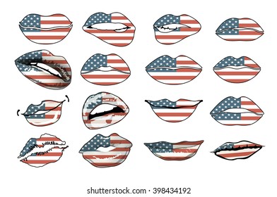 Flags of the USA in sensuality lips set women vector. america art