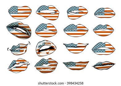Flags of the USA in sensuality lips set women vector. america art