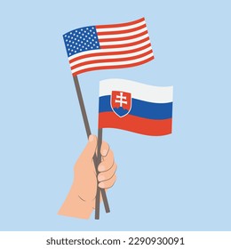 Flags of USA and Slovakia, Hand Holding flags