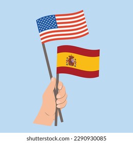 Flags of USA and Spain, Hand Holding flags