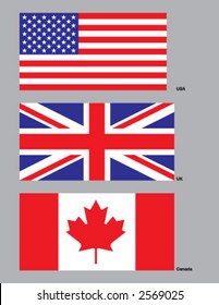 The flags of the USA, UK, and Canada. Drawn in CMYK and placed on individual layers.