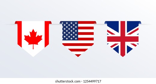 Flags of USA, UK and Canada ribbon or pennant. Hanging American, British and Canadian flags. Vector illustration. svg
