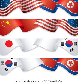 Flags of USA vs China, Korea and Japan, Vector Illustration, Background, Banner