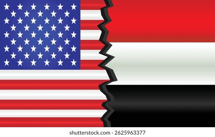Flags of the USA and Yemen split by a jagged line, symbolizing political or cultural division. Ideal for articles on international relations, conflict, or diplomacy. Editable Vector EPS Available